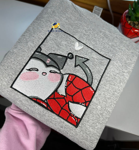Kuromi Spider Squished Pink Frame Embroidery Crewneck Sweatshirt/Hoodie