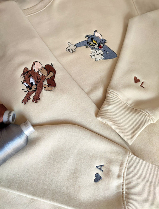 Embroidered mouse and cat Couple Characters embroidered Sweatshirt/hoodie