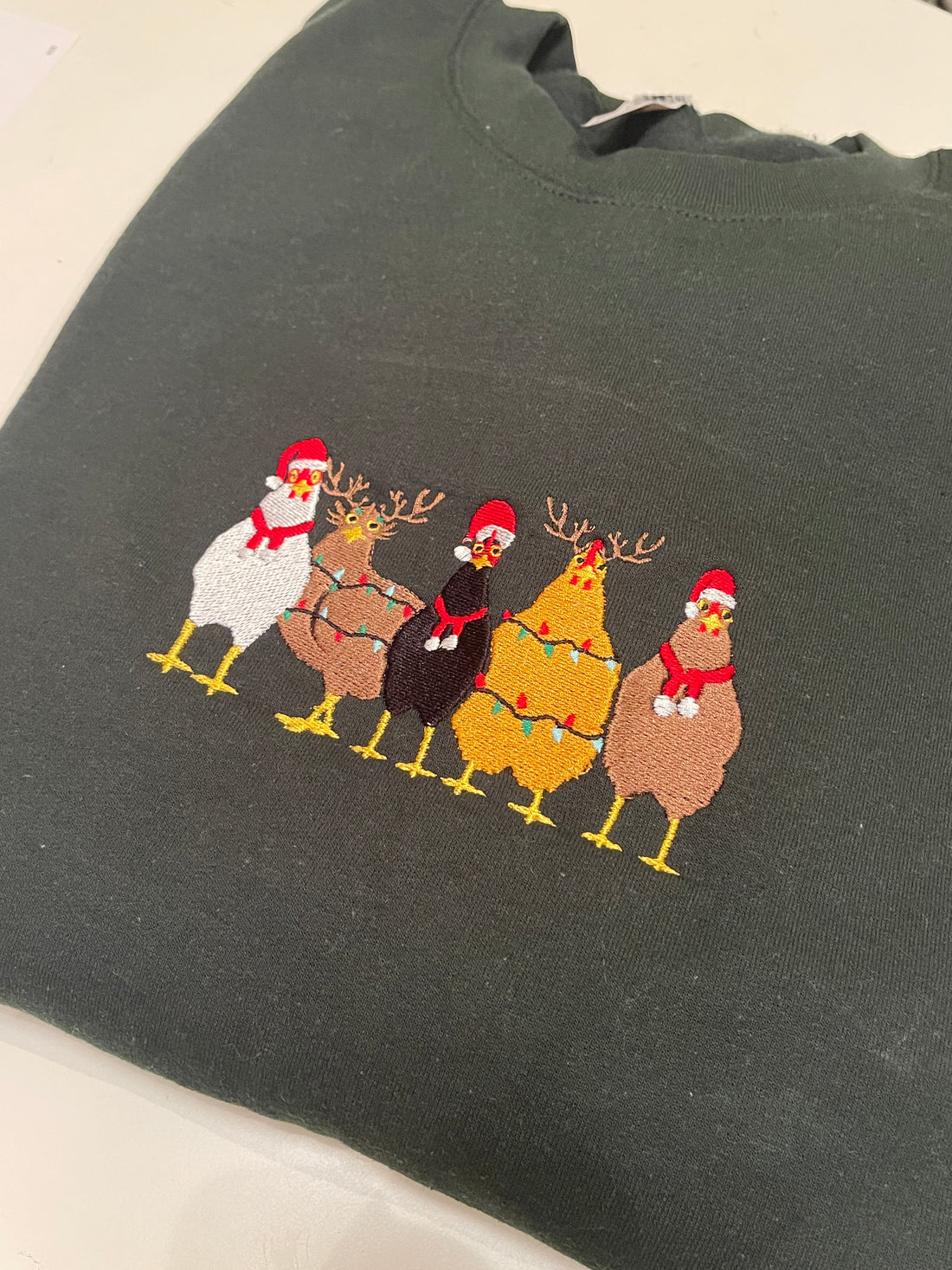 Christmas Chickens Embroidered Sweatshirt/Hoodie
