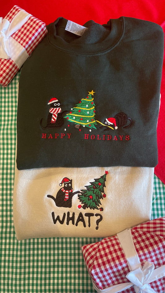 Happy Holidays Christmas Cat Embroidered Sweatshirt/Hoodie