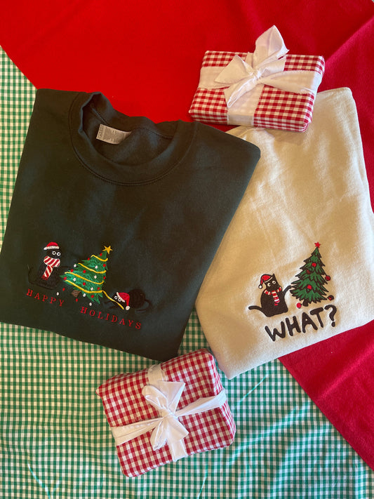 What? Christmas Cat Embroidered Sweatshirt/Hoodie