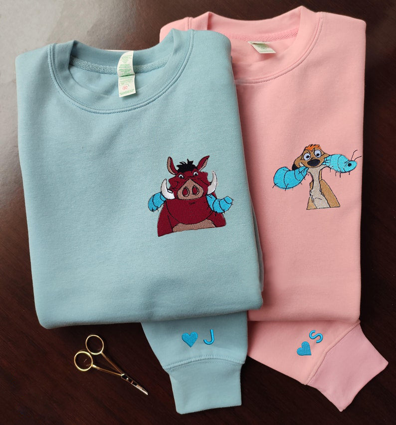 Embroidered Best Friends Animal Couple Character embroidered Sweatshirt/hoodie