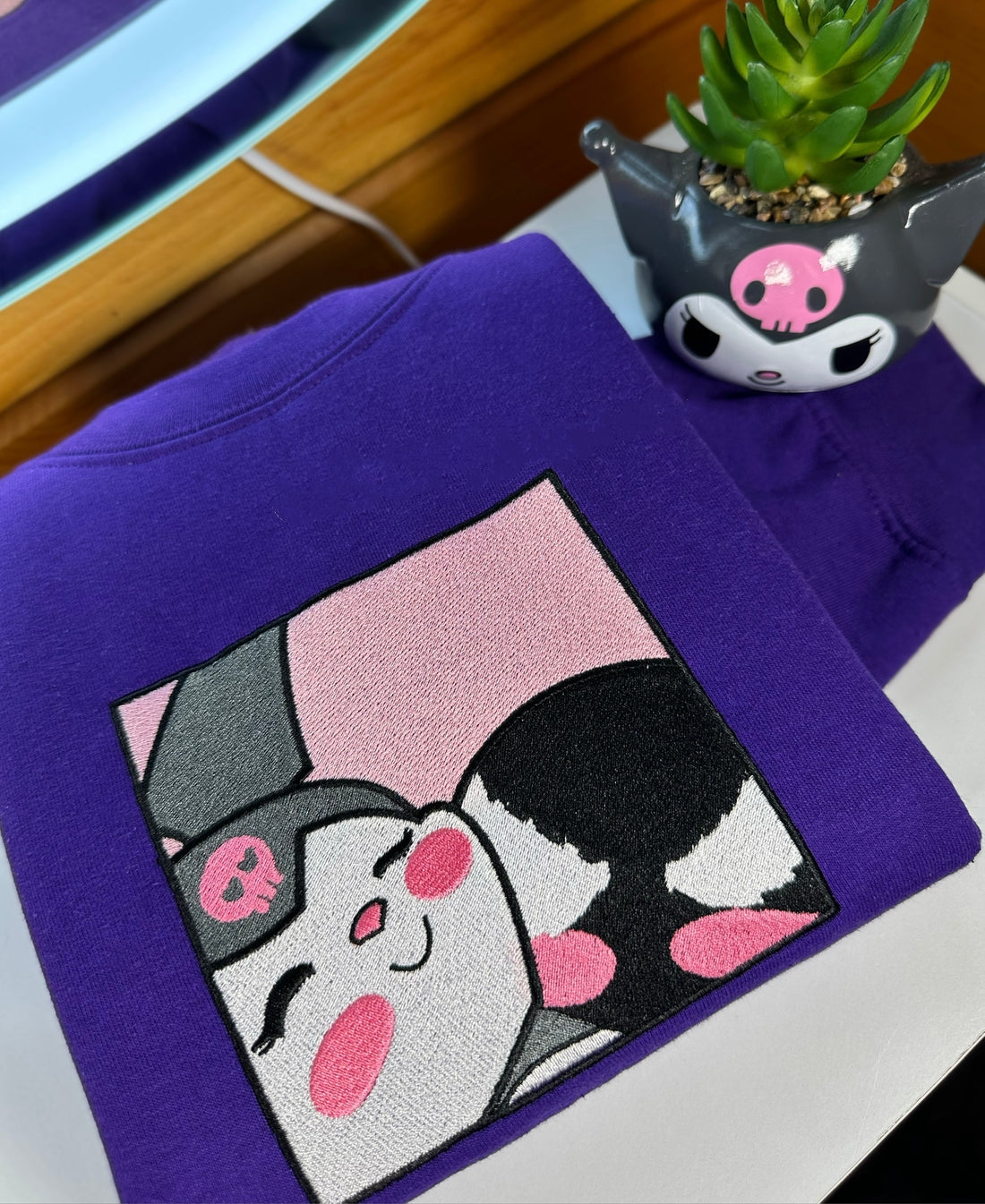 Kuromi x Spider Squished Pink Frame Embroidery Crewneck Sweatshirt/Hoodie