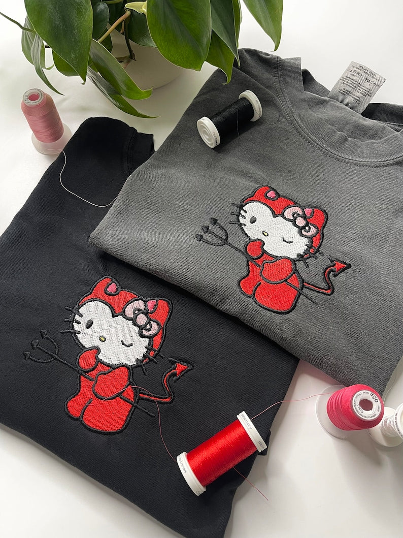 Cute Kitty Devil Embroidered Crewneck Sweatshirt/Hoodie
