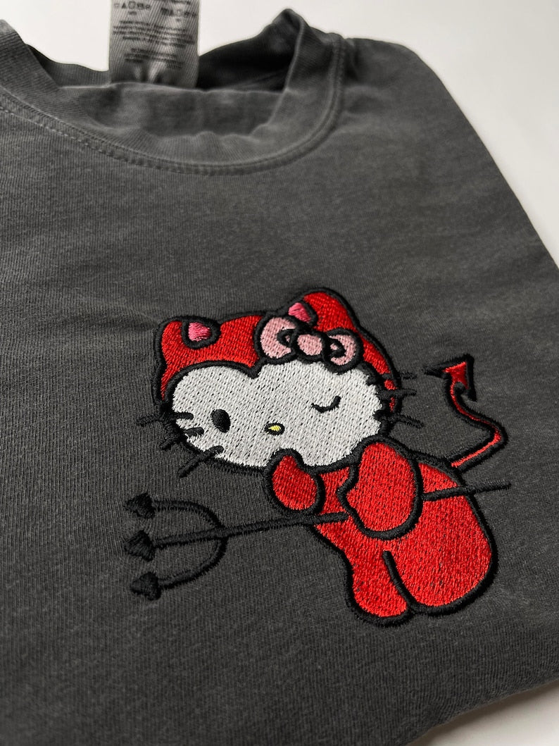 Cute Kitty Devil Embroidered Crewneck Sweatshirt/Hoodie