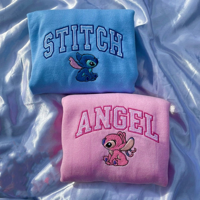 Stitch Angel Couple embroidered matching sweatshirt/ Hoodie