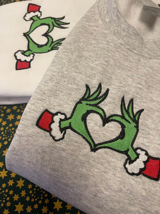 Grinch Heart Hands Embroidered Sweatshirt/Hoodie