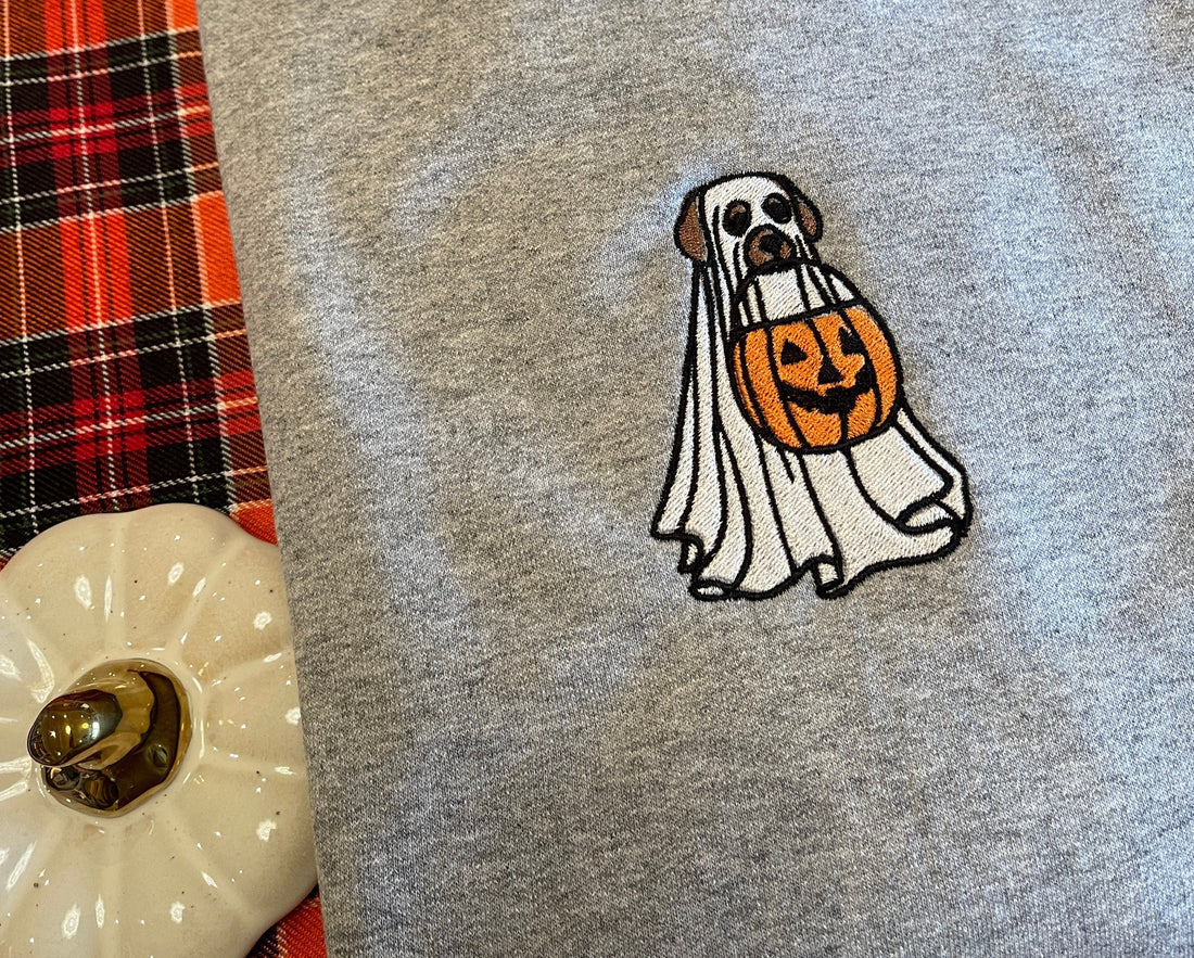 Trick or Treating Ghost Dog Embroidered Sweatshirt/Hoodie